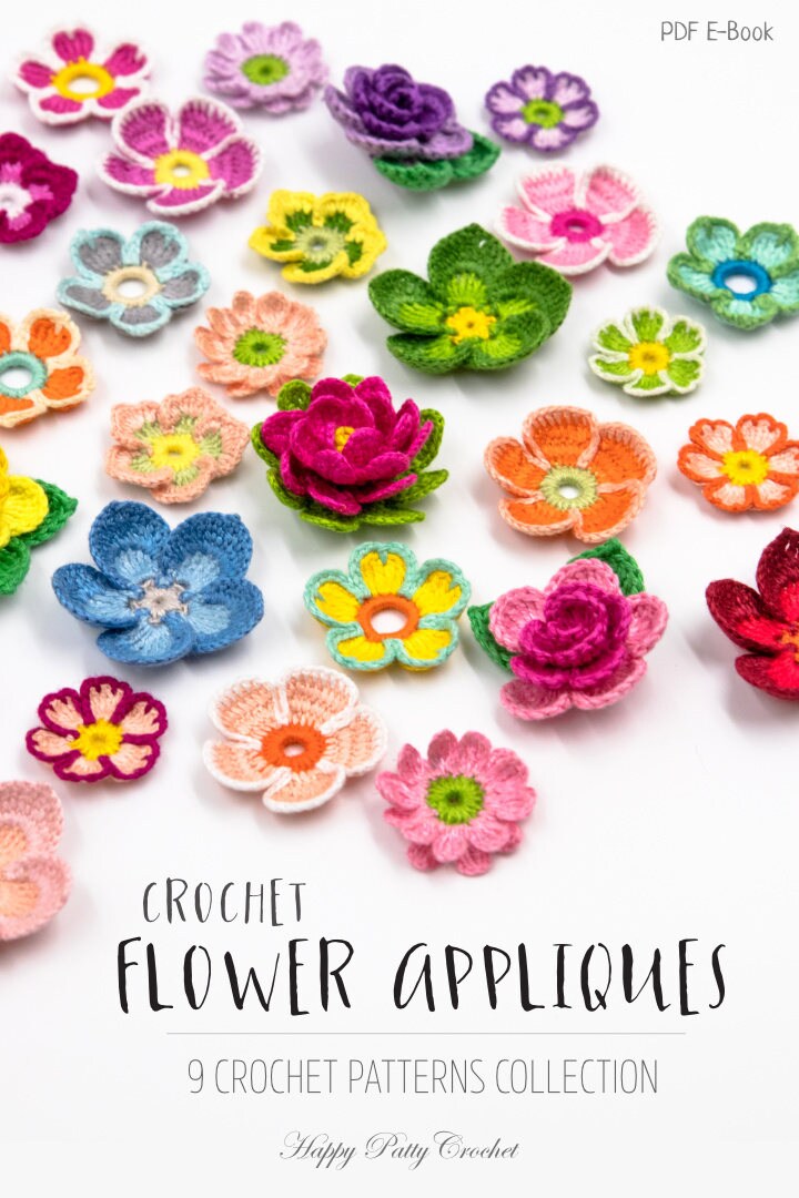 9 Crochet Flower Pattern Collection - Crochet Flower Appliques Patterns Bundle
