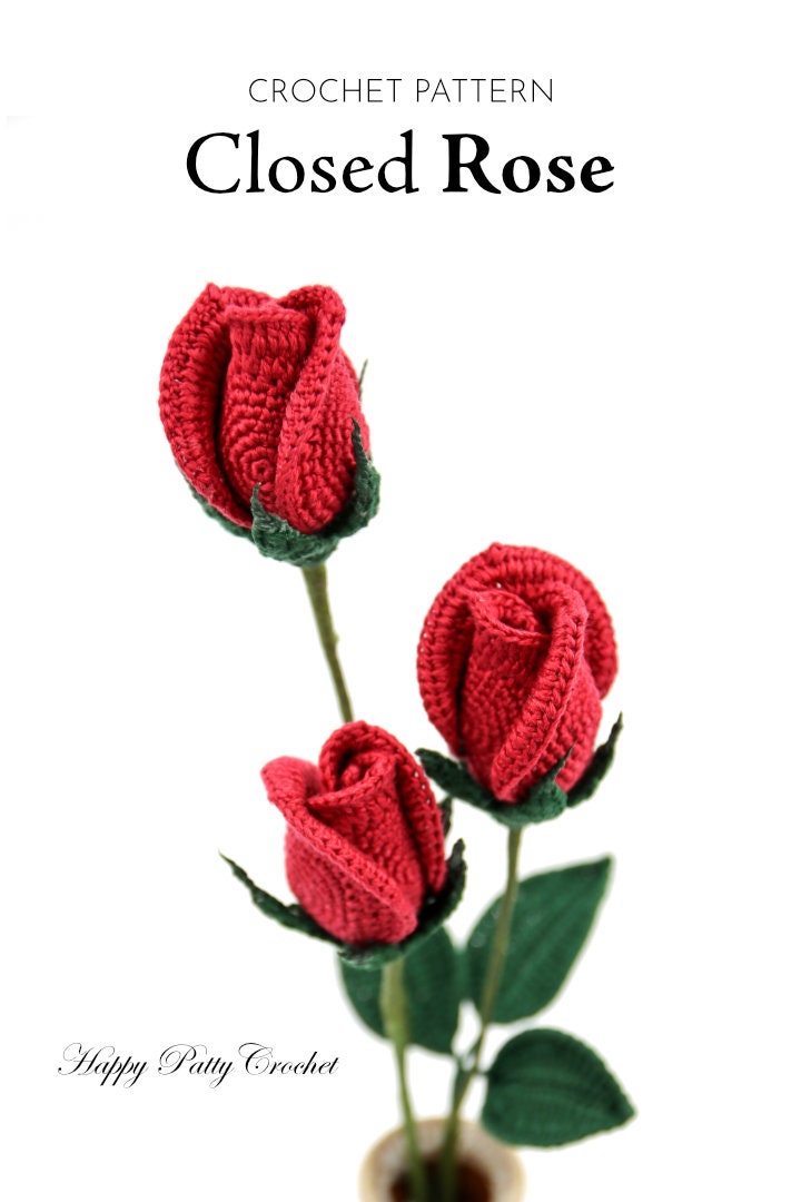 Crochet Flower Pattern - Crochet Closed Rose Pattern - Crochet Rose Flower Pattern - Stem Rose - Romantic Gift - Easy Crochet Pattern