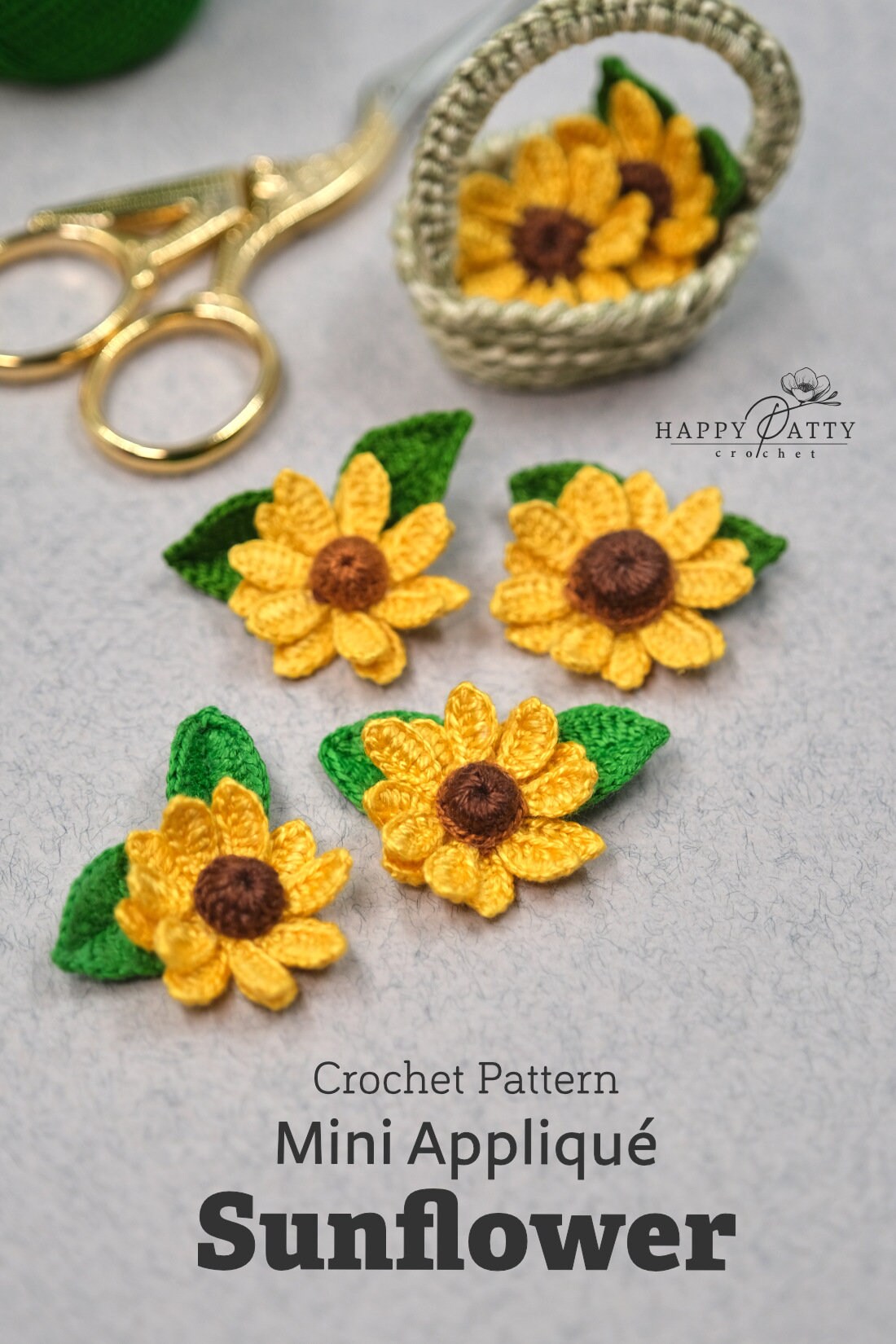 Crochet Mini Sunflower Applique Pattern - Crochet Flower Pattern for a Miniature Sunflower Applique - Crochet Sunflower Pattern