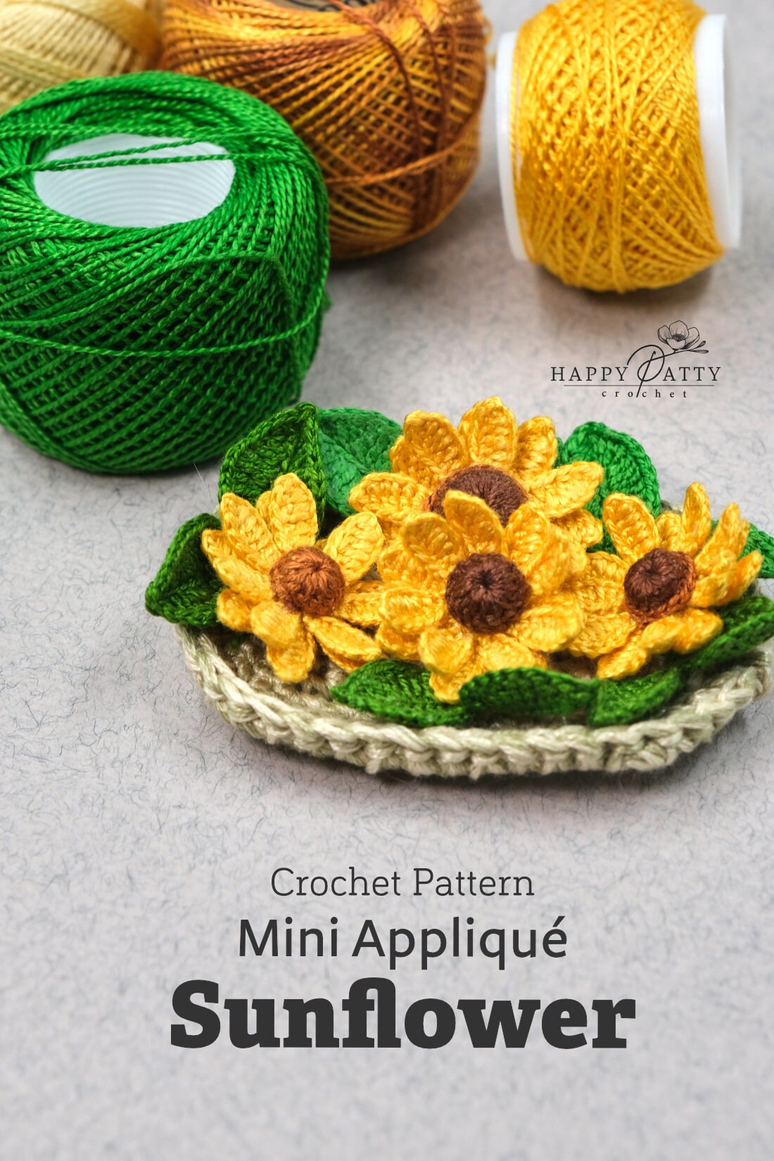 Crochet Mini Sunflower Applique Pattern - Crochet Flower Pattern for a Miniature Sunflower Applique - Crochet Sunflower Pattern